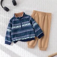 2pcs/Set Baby Boy Ethnic Style Stand Collar Long Sleeve Half Placket Sweatshirt Top & Solid Color Pa