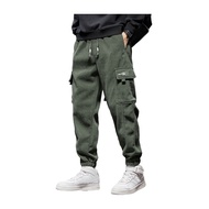 Fall Winter Men Cargo Pants Loose Drawstring Elastic Waist Plus Size Joggers Thickened Solid Color P