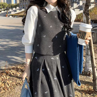 Shalldoer | Bộ Đồ Nữ Áo Sơ Mi Trắng Vest Không Tay Chân Váy 3 Món