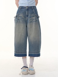 ziziFei夏季美式復古新款藍水洗藍高腰顯瘦直筒闊腿七分牛仔褲女