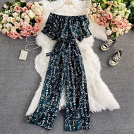 2021 Korean Version Retro Fashion Floral Ruffled One-Shoulder High Waist Slimmer Look Wide-Leg Jumpsuit Women