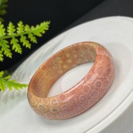 精美 橘粉珊瑚玉手鐲 50MM 高瓷玉化檸檬片鳳尾紋 招財吉祥雅致