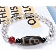 Tibetan Dzi Beads Two Eyed Dzi Beads With Clear Quartz Bracelet 藏传老矿二眼天珠配白水晶手链27.1x11.3mm