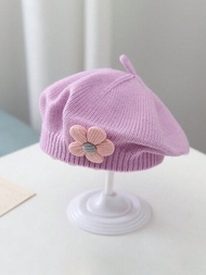 兒童帽子、貝雷帽,可愛風格,男女兒童帽子,嬰兒帽子,花卉元素,時尚純色防寒保暖針織帽子