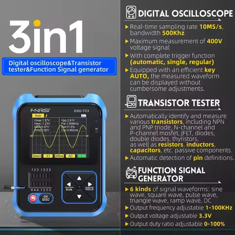 FNIRSI DSO TC3 Digital Oscilloscope Transistor Tester Function Signal Generator 3 in 1 Multifunction