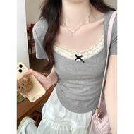 SUXI - Fashion Korean Style Lace Simplicity V-neck Short Sleeved T-shirt Women's Top 240322