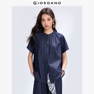 GIORDANO ผู้หญิง  เสื้อเชิ้ต เสื้อเชิ้ตยีนส์คอจีนจีบ แขนเรกแลนสั้น แฟชั่นอ่อนโยน เสื้อเชิ้ตยีนส์ลำลอ