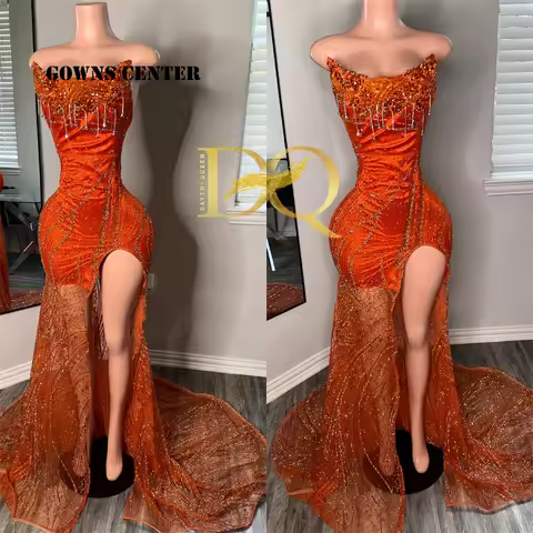 Dark Orange Prom Dresses For Blackgirls Silver Beaded Strapless See Thru Mermaid Cocktail Party Gown