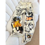 baggy jeans men y2k y2k jeans American Street Distressed Cartoon Graffiti Printed Washed Retro Wide-