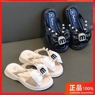 【HM】现货  儿童拖鞋交叉凉拖鞋女2024夏季新款网红沙滩蝴蝶结小香风一字拖  selipar raya kanak kanak perempuan