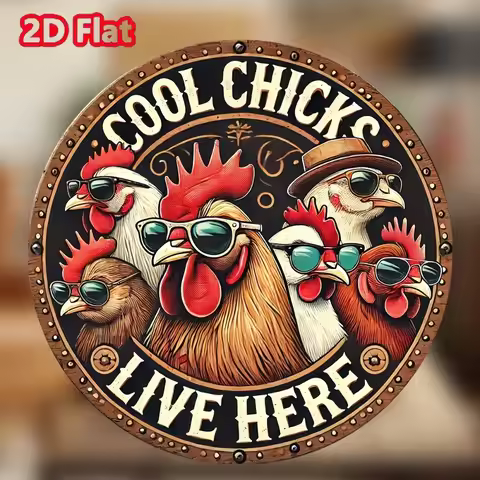 Round Iron Vintage Metal Chicken Coop Sign, 20x20cm - "A Cool Chick Lives Here" Farmhouse Decor