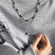 Vintage Tiger Eye Saturn Planet Shape Necklace Creative Design Double Saturn Planet Necklace