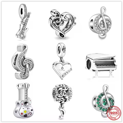 925 Sterling Silver Music Notes Electric Guitar Piano Heart Dangle Charm Bead Fit Original Bracelet 