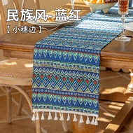 Ethnic Blue Table Runner White Tassel Rectangular Washable Coffee Table Cover Table TV Cabinet Cover