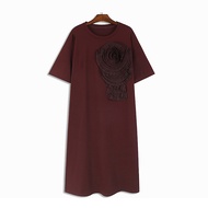 XITAO Three-dimensional Decoration Dresses Solid Color O-neck Pullover Floral Side Split Mid-calf Ca