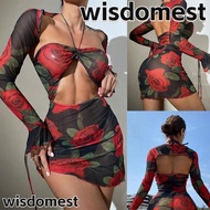 WISDOMEST Swimwear, Sexy Rose Print Woman Swimsuit,  Long Sleeve Padded Bra Push Up Bathing Suit Woman Beach Wear