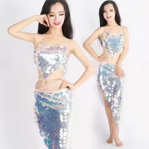 Women Bling Bling Mermaid Belly Dance Costume Set 2pcs Professional Bellydance Bra Skirts Outfit Sui