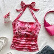 Pink Floral Summer Y2k Club Night Knit Printed Halter Backless Camisole Top,Women's Elegant Vacation