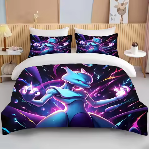 3PC P0kem0n Mewtwo Printed Soft Bedding Set Duvet Cover 1 Duvet Cover 2 Pillowcases Adult and Childr