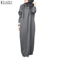 ZANZEA Women Hooded Winter Dress Long Sleeve Thin Fleece Long Dress