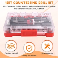 5Pcs Countersink Drill Bit Set with Low Friction Depth Stop HSS Tapered Bits 1/8inch9/64inch5/32inch