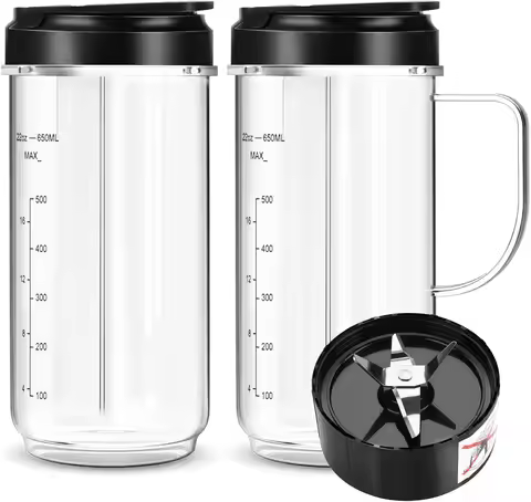 2 Pack Cups For Magic Bullet Blender 250w MB1001 Tall 22oz Cup with Flip Top To-Go Lid & 4 Fins Cros