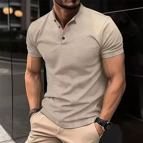 Solid Color Henley Shirts 3D Print Streetwear Men's Fashion Vintage Button-Down Short Sleeve T Shirt