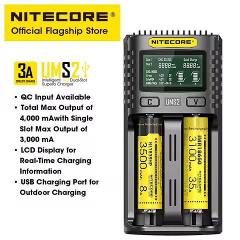 NITECORE UMS2 Intelligent USB-C Dual-slot Battery Charger QC Fast Charging Plug for IMR Li-ion LiFeP