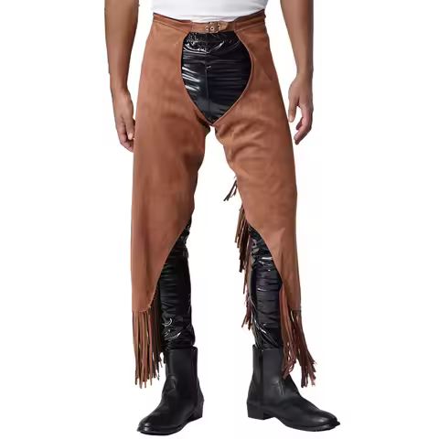 Men's Vintage Cowboy Chaps Adjustable Buckles Open Crotch Split Fringe Suede Pants for Halloween The
