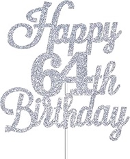 Happy 64th Birthday Cake Toppers Sliver Glitter, Cheers to 64 Years Old Bday Decoration 64th Anniver