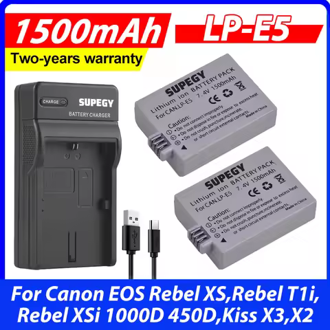 2Pcs 1500mAh LP-E5 LP E5 Battery + USB Charger for Canon EOS Rebel XS,Rebel T1i,Rebel XSi 1000D 450D