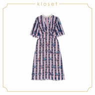 KLOSET Embroidered Midi Dress With Ruffles Detail (RS20-D004) เดรสคอวีแขนสั้น ผ้าปักลายทาง