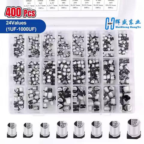 Aluminum Electrolytic Capacitors SMD Assortment Kit 400Pcs 24Value SMD 1uF~1000uF 6.3V-50V 24Value w