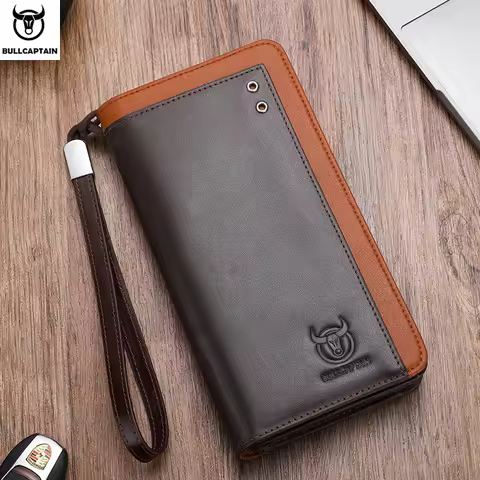 BULLCAPTAIN Genuine Leather Men's Wallet RFID Blocking Long Purse Coin Case Passport Cover For Mens 