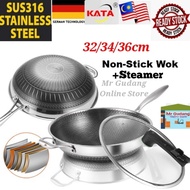 Upgrade KATA SUS316 Stainless Steel Honeycomb Pan Steamer Non-Stick Wok With Lid (32/34/36cm)