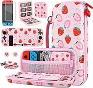 GLDRAM Pink Strawberry Carrying Case Bundle for Nintendo Switch Accessories, Cute Travel Case Kit with Soft TPU Cover, Game Case, Glass Screen Protector, Thumb Grip Caps, Shoulder Strap for Girls