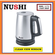 NUSHI ELECTRIC STAINLESS STEEL KETTLE / 1.7 LITRE / DRY / BOIL PROTECTION / CLEAR VIEW / EASY OPEN /