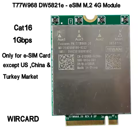 T77W968 DW5821e-eSIM X20 LTE Cat16 1Gbps FDD-LTE TDD-LTE 4G module For Dell 5420 5424 7424 7400 7210