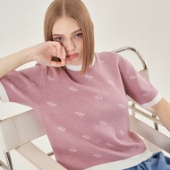 Pimnatta Gale Top Cardigan – เสื้อไหมพรมทอลายโมโนแกรมโลโก้แบรนด์ ตัดขอบสลับสี นุ่มสบาย ใส่แล้วไม่คัน