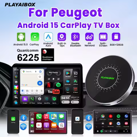 PLAYAIBOX Android 15 CarPlay Ai Box Wireless Android Auto TV Box For Netflix YouTube For Peugeot 208