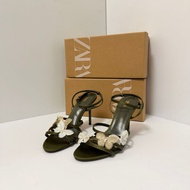Three-Dimensional Embroidered Butterfly 8cm Stiletto Heel Sandals Women Retro Olive Green Black Flat