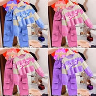 Setelan Baju Anak Perempuan Cargo Strip Salur Motif Barbie 1-12 Tahun One Set Cargo Anak Perempuan K