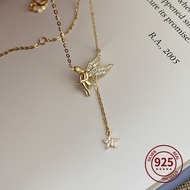S925 Sterling Silver Plated 14K Gold Necklace Ladies Zircon Angel Wings Luxury Tassel Star Pendant Necklace Jewelry Party Gift