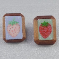 四季 雙色草莓 奶油草莓原木長方形小畫框造型藝術耳環 手繪木製