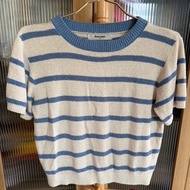 Blue And Cream Striped Short-Sleeved Knitted Shirt 8 Seconds Second-Hand Cute Cool Look