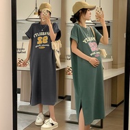 Plus Size Maternity Summer Dress Short Sleeve Dress Women's Fashionable with Side-Slit Trendy Mom T-shirt Korean Style00