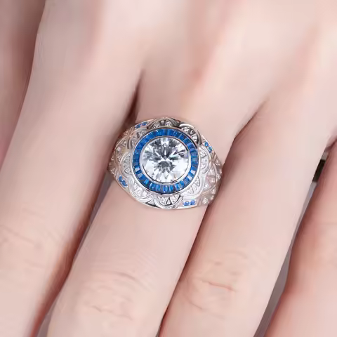 AnuJewel 3ct D Color Moissanite Men Ring 925 Sterling Silver Gold Plated Lab Created Diamond Vintage
