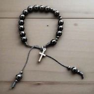 G39 ROSARY BRACELET BLACK HEAVY PEARL CROSS KONTAS BRACELET