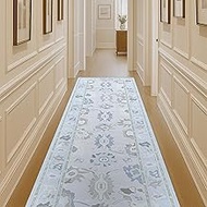 Fame Living Cream Blue Oushak Runner Rug, Modern Runners, Turkish, Eclectic, Floral, Pastel, Washabl