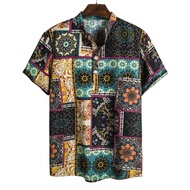 Cotton and linen Men's Regular Size Casual Fashion Floral Printed Short Sleeve Shirts Kemeja Batik Lelaki Floral Printed Shirts Regular Size Short Sleeve Shirts Kemeja Batik Lelaki short-sleeved plaid shirt Short sleeved floral Polo shirt